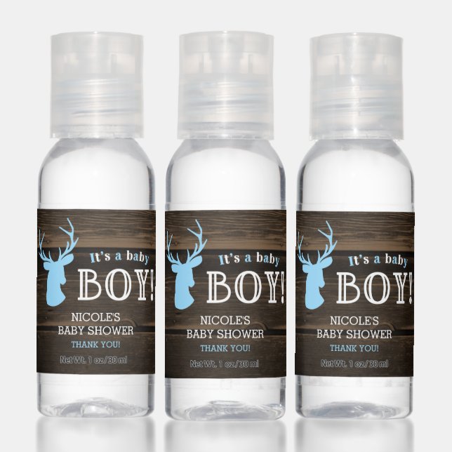 Rustic Wood Blue Deer Boy Baby Shower Hand Sanitizer (Set)