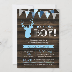 Rustic Wood Blue Deer Boy Baby Shower Invitations