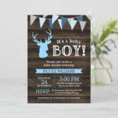 Rustic Wood Blue Deer Boy Baby Shower Invitations (Standing Front)