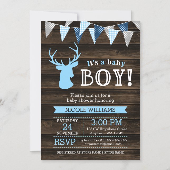 Rustic Wood Blue Deer Boy Baby Shower Invitations (Front)