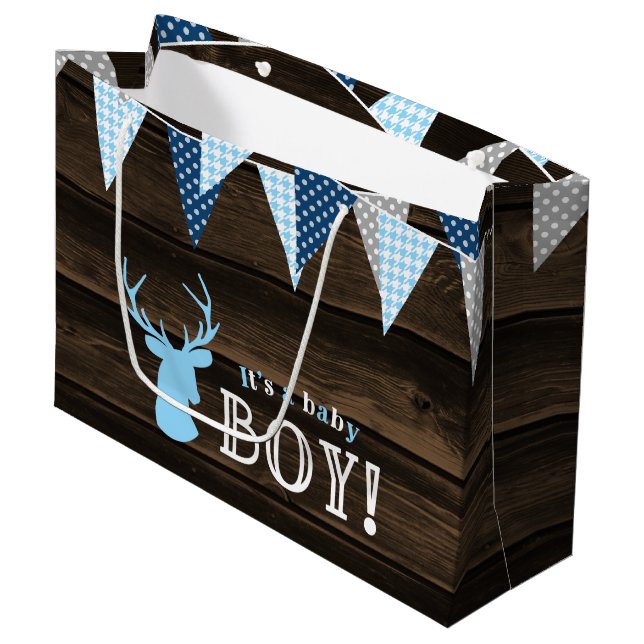 Rustic Wood Blue Deer Boy Baby Shower Large Gift Bag (Front Angled)