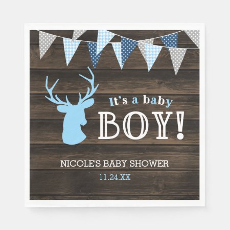 Rustic Wood Blue Deer Boy Baby Shower Paper Napkins