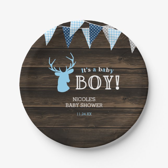 Rustic Wood Blue Deer Boy Baby Shower Paper Plates (Front)