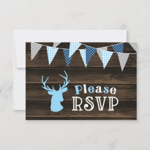 Rustic Wood Blue Deer Boy Baby Shower RSVP Card