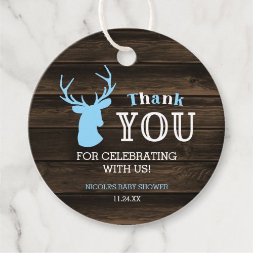 Rustic Wood Blue Deer Boy Baby Shower Thank You Favor Tags