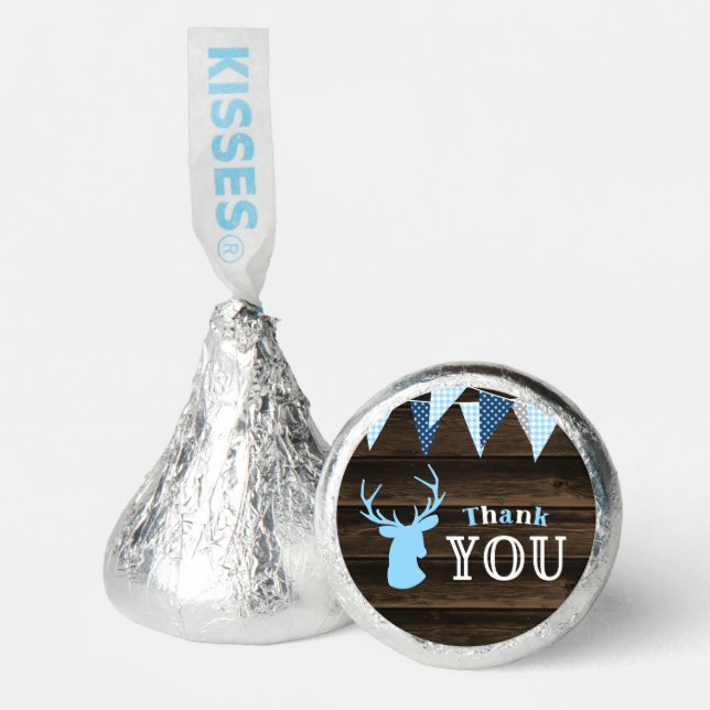Rustic Wood Blue Deer Boy Baby Shower Thank You Hershey®'s Kisses® (Front)