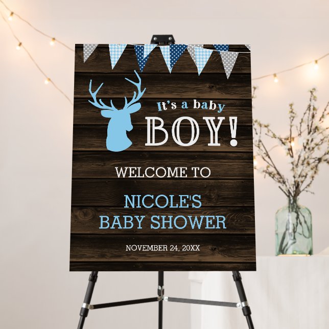 Rustic Wood Blue Deer Boy Baby Shower Welcome Foam Board (In Situ (Stand))