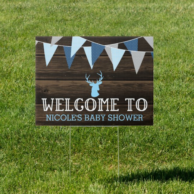 Rustic Wood Blue Deer Boy Baby Shower Welcome Sign (Insitu)