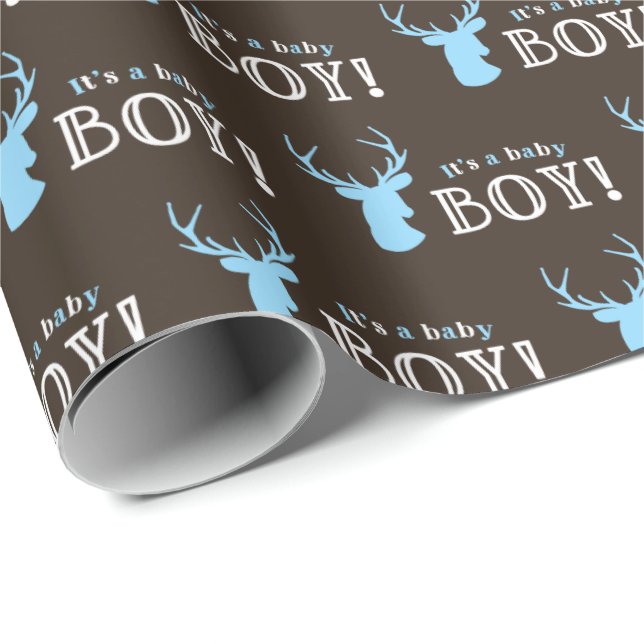Rustic Wood Blue Deer Boy Baby Shower Wrapping Paper (Roll Corner)