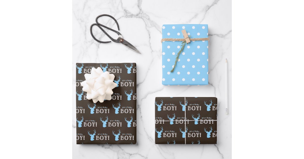 Rustic Wood Blue Deer Boy Baby Shower Wrapping Paper Sheets