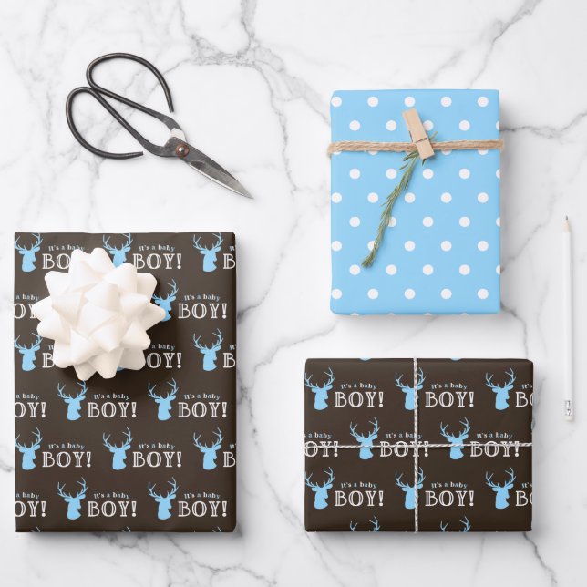 Rustic Wood Blue Deer Boy Baby Shower Wrapping Paper Sheets (Front)