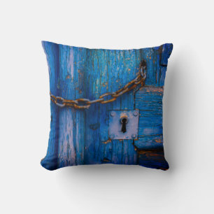 Rustic wood blue door keyhole chain pillow
