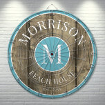 Rustic Wood Blue Family Name  Dart Board<br><div class="desc">This rustic dartboard is the perfect addition to your family beach house, lake house, game room, man cave, and more. It features a bold initial monogram at the center, with your family name proudly displayed at the top. The bottom reads "Beach House, " but this can be customized to fit...</div>