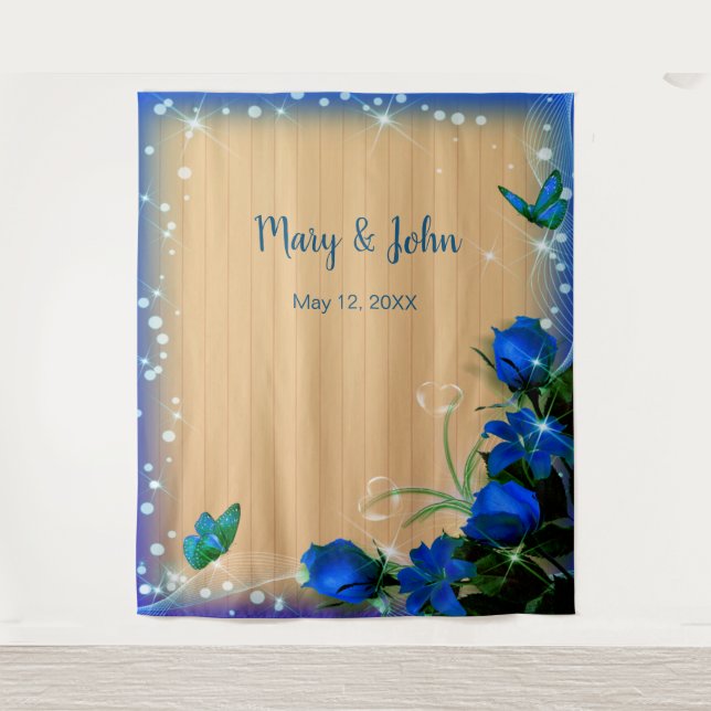 Rustic Wood Blue Floral Butterfly Backdrop (Front)