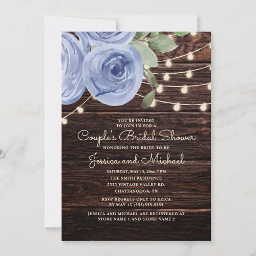 Rustic Wood Blue Floral Couples Bridal Shower Invitation