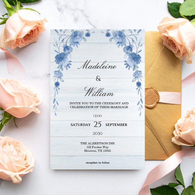Rustic Wood  Blue Floral Elegant Wedding  Invitation (Creator Uploaded)
