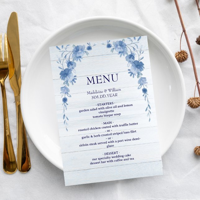 Rustic Wood  Blue Floral Elegant Wedding Menu (Creator Uploaded)