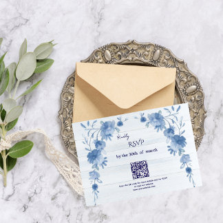 Rustic Wood  Blue Floral Elegant Wedding  RSVP Card