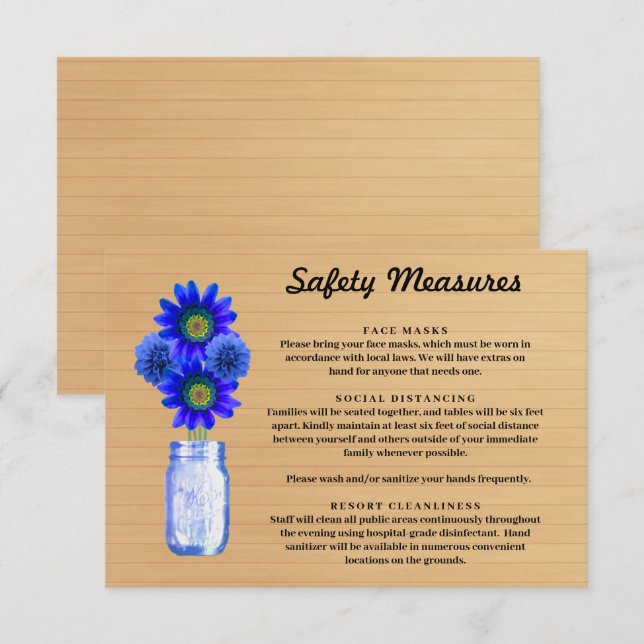 Rustic Wood Blue Floral Mason Jar Safety Measures Enclosure Card (Front/Back)