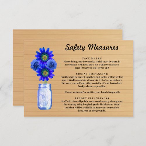 Rustic Wood Blue Floral Mason Jar Safety Measures Enclosure Card