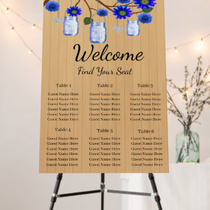 Rustic Wood Blue Floral Mason Jars Seating Chart Foam Board