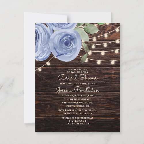 Rustic Wood Blue Floral String Light Bridal Shower Invitation