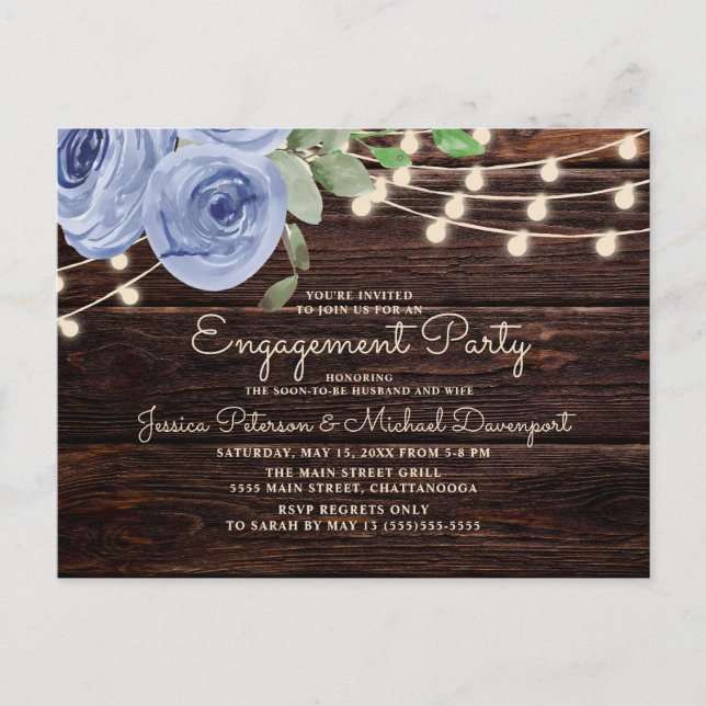 Rustic Wood Blue Floral String Lights Engagement Postcard (Front)