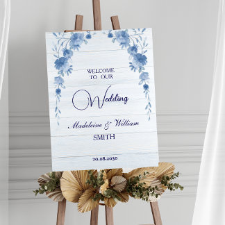 Rustic Wood Blue Floral Wedding Welcome Sign