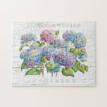 Rustic Wood Blue Hydrangea Couples Monogrammed Jigsaw Puzzle<br><div class="desc">Give a gorgeous puzzle as a gift to the newlyweds. This design features gorgeous blue and lavender hydrangea flowers on a white weathered wood background. First names are above the blossoms and last name below. Designed by world renowned artist ©Tim Coffey.</div>