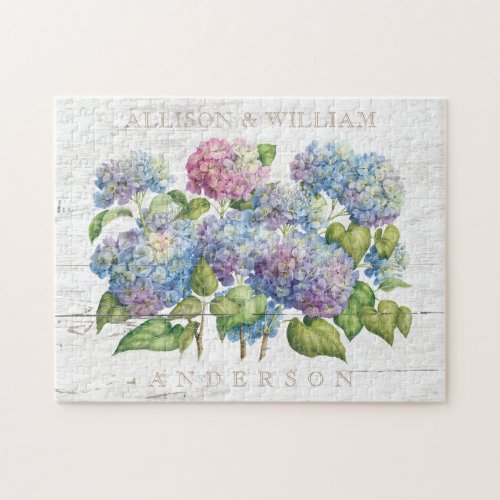 Rustic Wood Blue Hydrangea Couples Monogrammed Jigsaw Puzzle