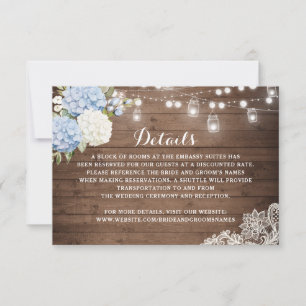 Rustic Wood Blue Hydrangea String Lights Details Invitation