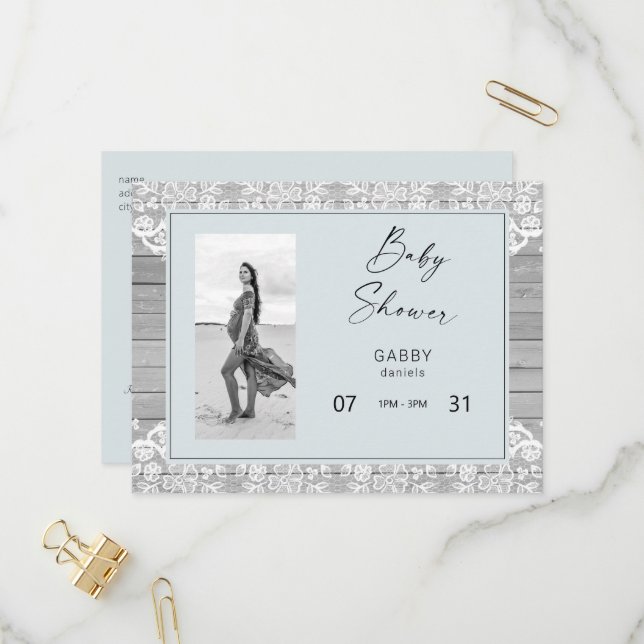 Rustic Wood & Blue Lace Baby Shower  Invitation Postcard (Front/Back In Situ)