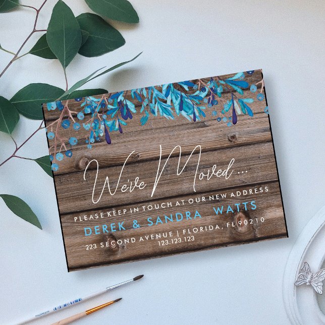 Rustic Wood & Blue leaves “We’ve Moved” Change of  Announcement Postcard (Creator Uploaded)