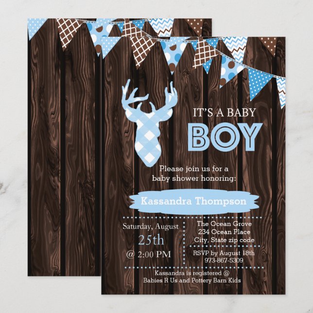 Rustic Wood Blue Plaid Deer Baby Shower Invitation (Front/Back)