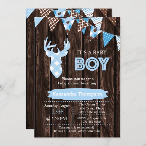 Rustic Wood Blue Plaid Deer Baby Shower Invitation