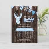 Rustic Wood Blue Plaid Deer Baby Shower Invitation (Standing Front)