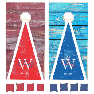 Rustic Wood Blue Red Monogram Triangle Vintage Cornhole Set