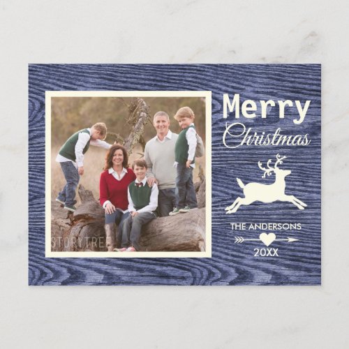 Rustic Wood Blue Reindeer Christmas Family Photo Holiday Postcard