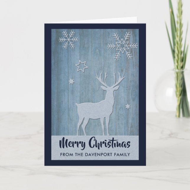 Rustic Wood Blue Reindeer Country Christmas Card (Front)