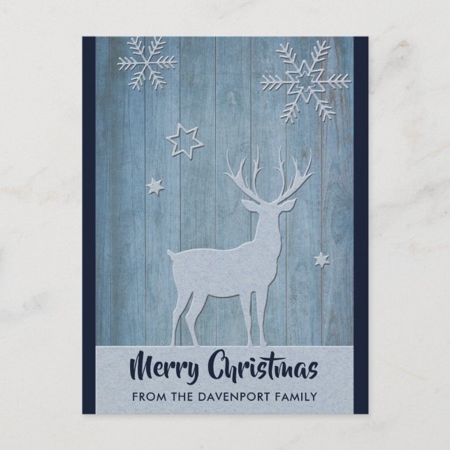Rustic Wood Blue Reindeer Country Christmas Postcard (Front)