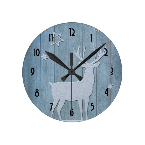 Rustic Wood Blue Reindeer Country Christmas Round Clock