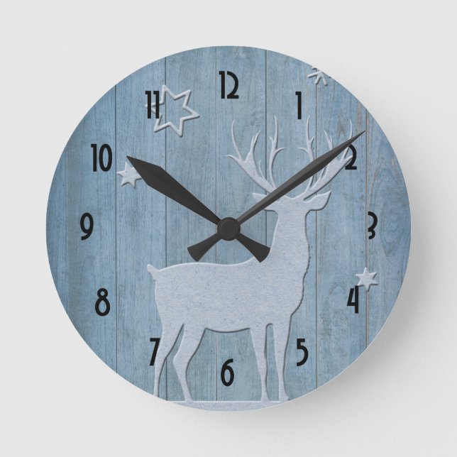 Rustic Wood Blue Reindeer Country Christmas Round Clock (Front)