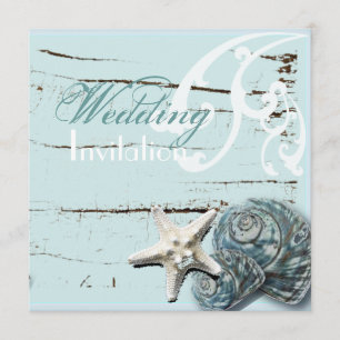 Rustic Wood blue Seashell Coastal Beach Wedding Invitation