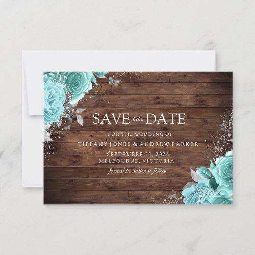 Rustic Wood Blue Teal Aqua Roses Floral Wedding Save The Date