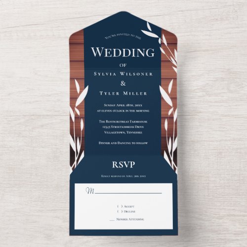 Rustic Wood Blue Wedding All In One Invitation