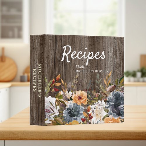 Rustic Wood Blue White Floral Recipe Cookbook  3 Ring Binder