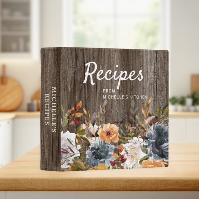 Rustic Wood Blue White Floral Recipe Cookbook  3 Ring Binder (Blue, peach, white floral on rustic wood custom recipe notebook)