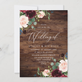 Rustic Wood Blush Burgundy Floral Elegant Wedding Invitation