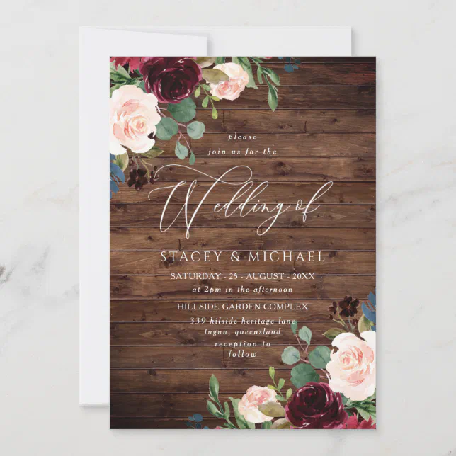 Rustic Wood Blush Burgundy Floral Elegant Wedding Invitation | Zazzle