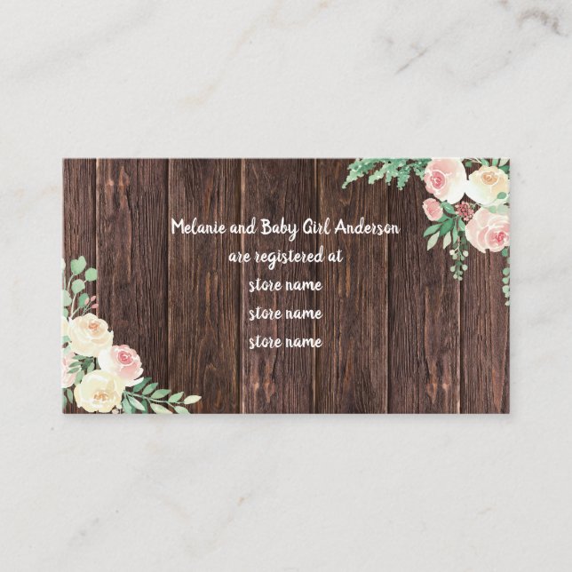 Rustic Wood Blush Floral baby shower registry card (Front)
